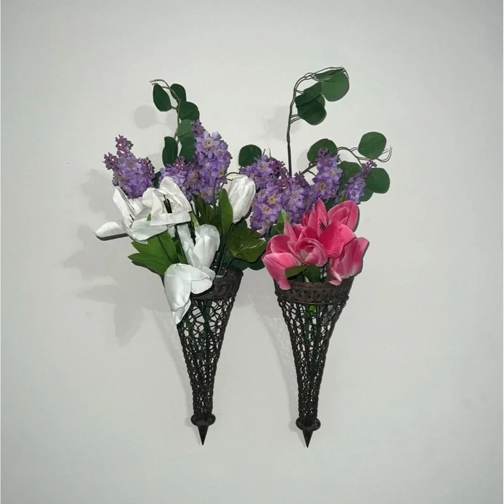 A Pair of Vintage Woven French Brass Wire Topiary/Wall Pockets Hanging Vase